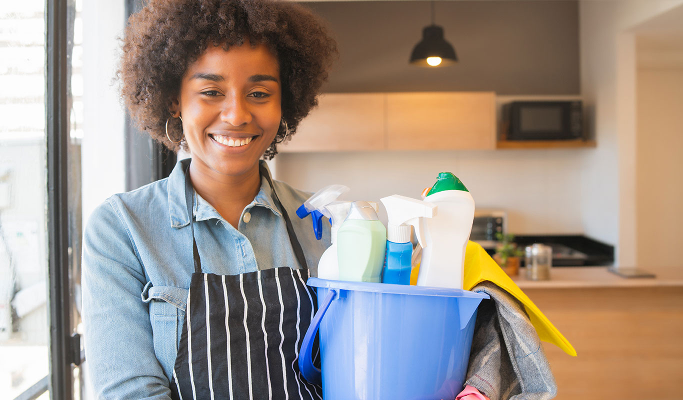 A Woman holding cleaning items